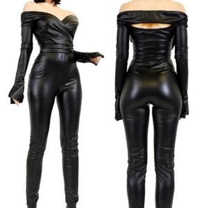 Sexy Black Leather Off-the- Shoulder Top